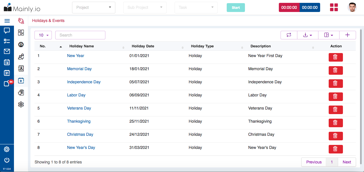 Holidays and events screenshot of mainly's HRMS system