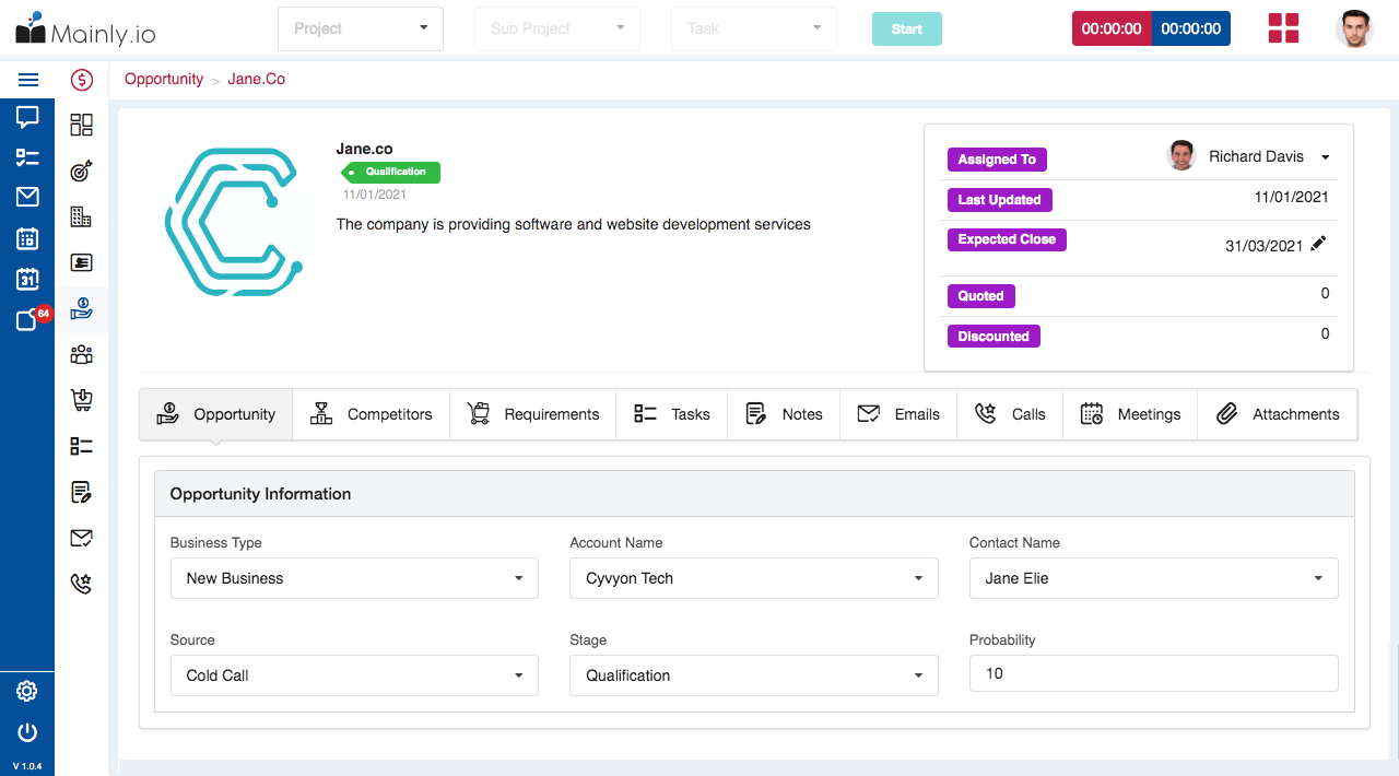 Opportunity screenshot of sales CRM